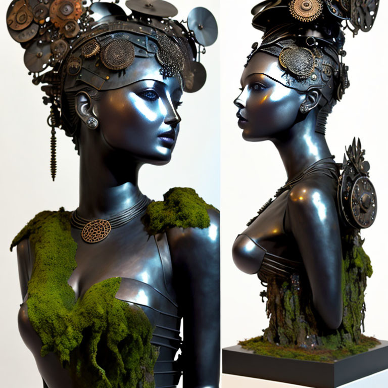 Blue-skinned woman sculpture with metallic gear headdress and moss texture.