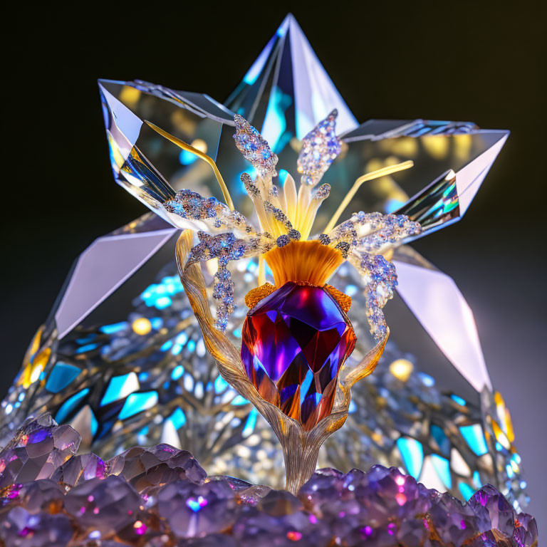 Radiant crystal flower with blue and purple center and golden stamens