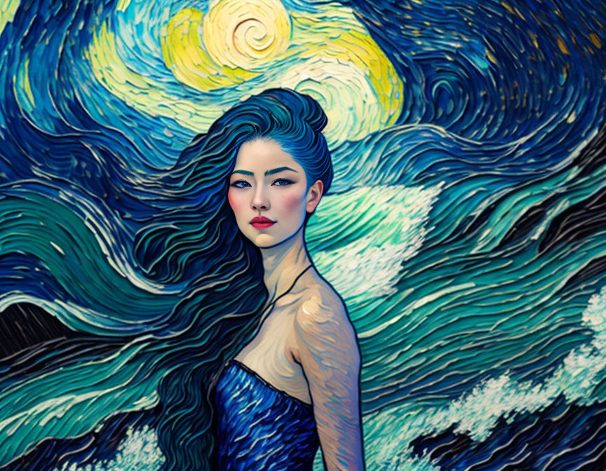 Blue-haired woman merges with Starry Night painting in a surreal blend