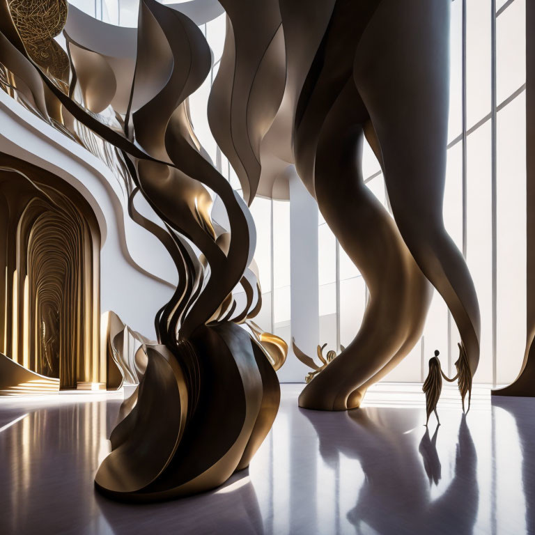 Elegant swirling sculptures in modern interior with silhouetted figures