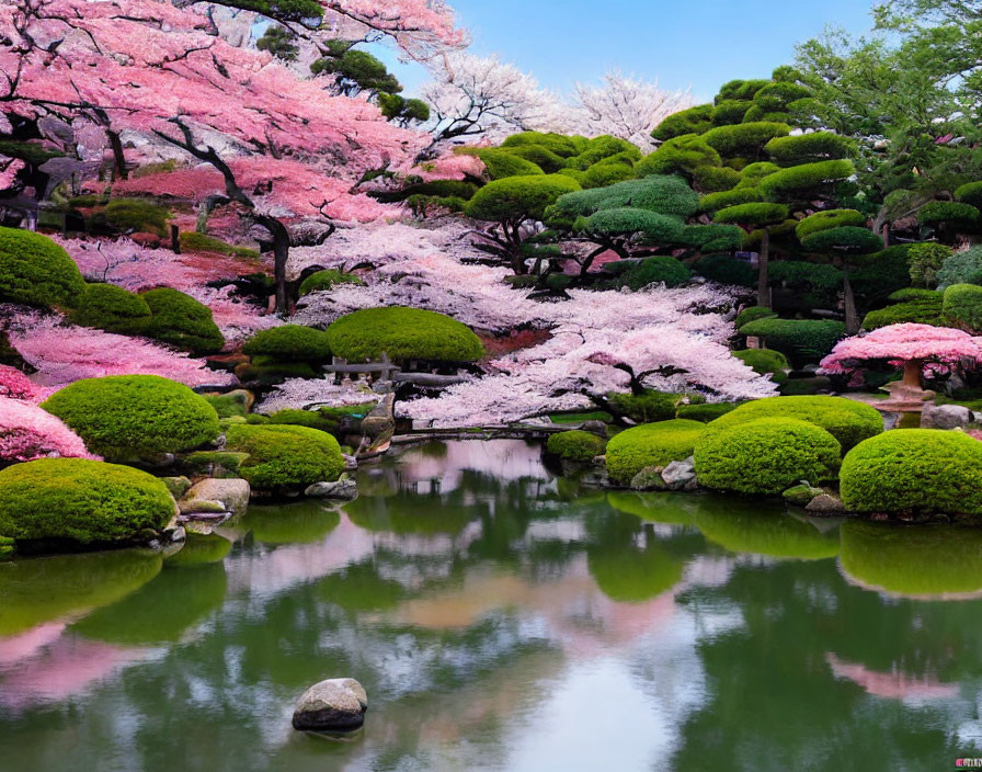 Tranquil Japanese garden with pink cherry blossoms & reflective pond