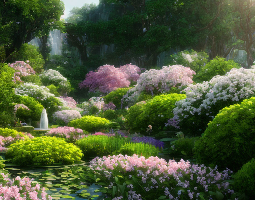 Tranquil garden with flowers, waterfall, pond, and lush greenery