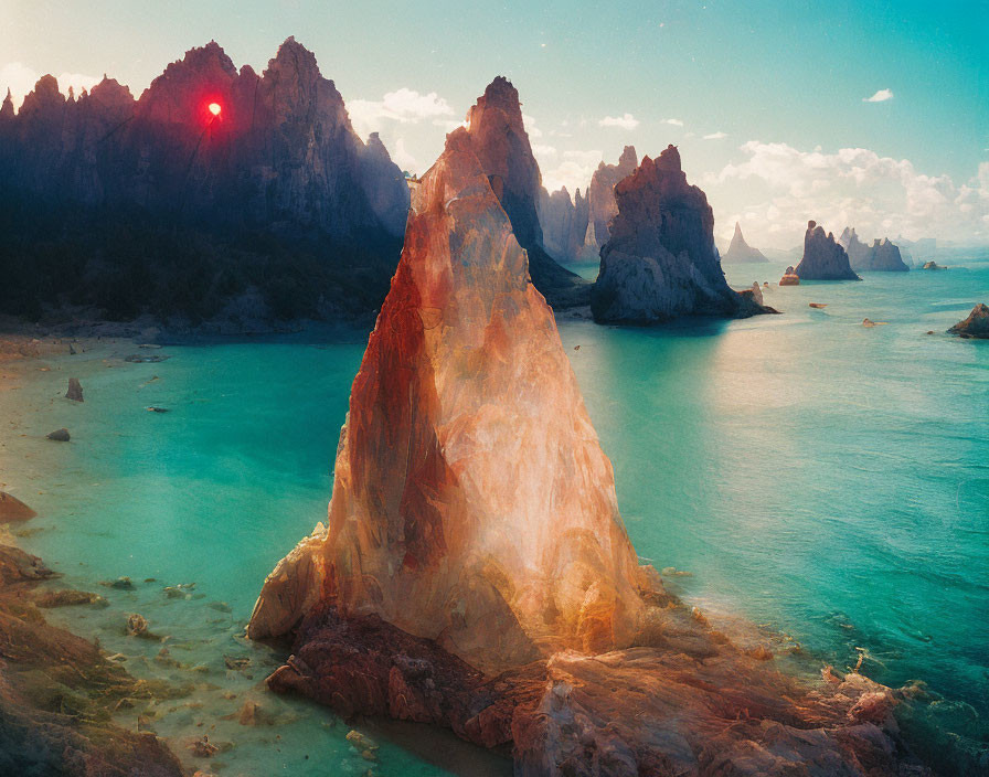 Sunset seascape with rugged rock formations and turquoise waters.