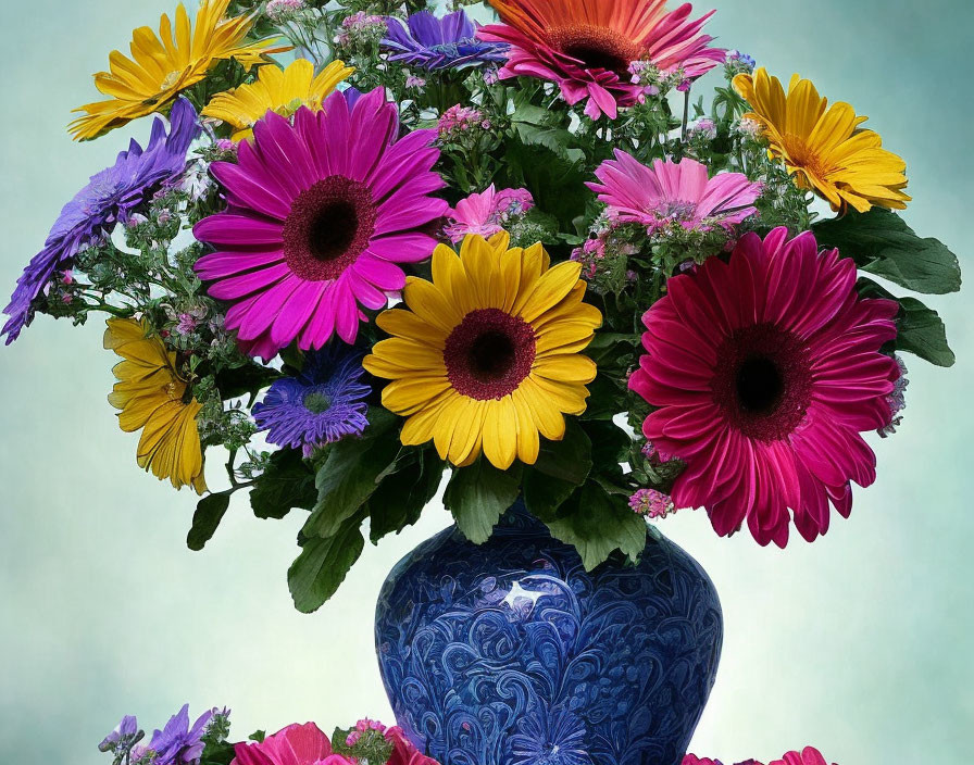 Colorful Gerbera Flower Bouquet in Blue Vase on Teal Background