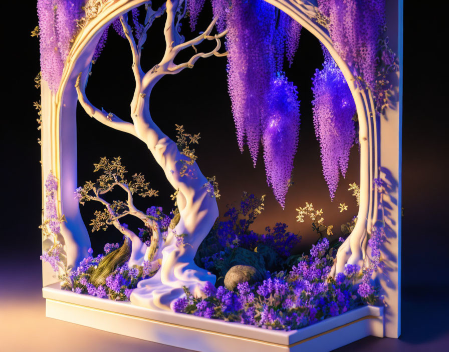 Fantasy Book Sculpt with Violet Wisteria Trees and Flowers