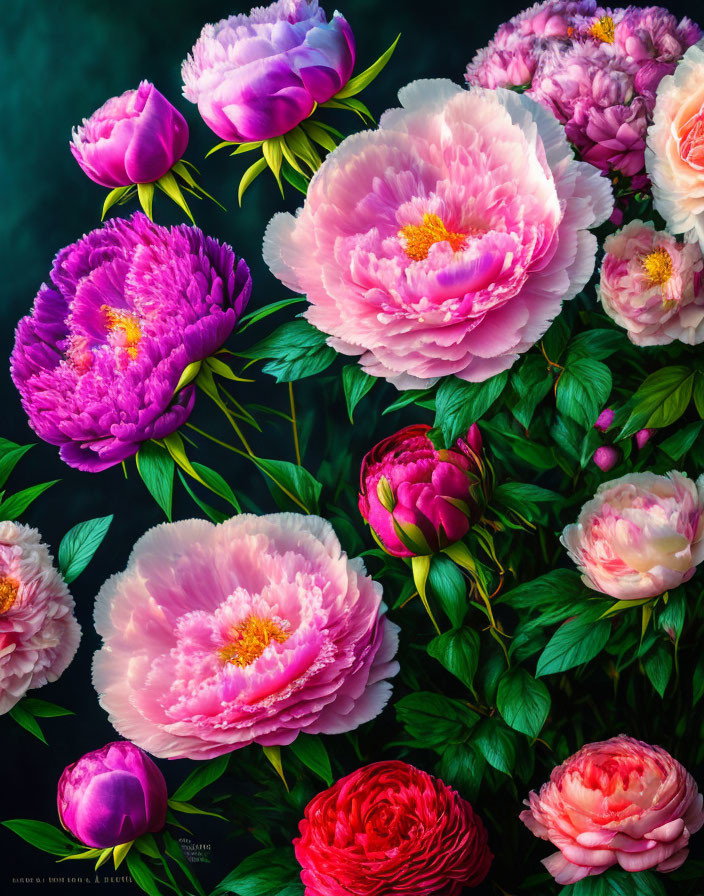 Colorful Pink and Purple Peonies with Green Leaves on Dark Background