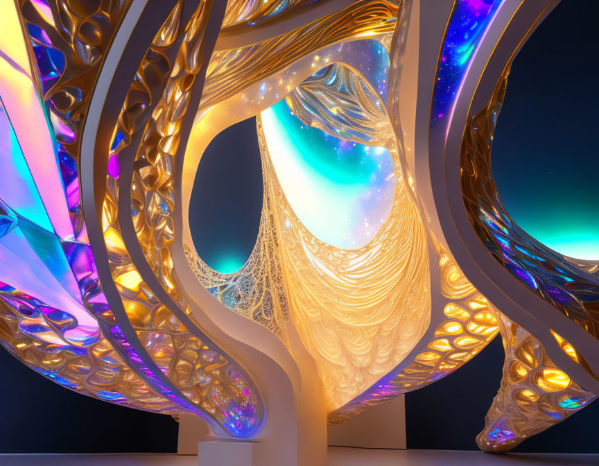 Futuristic golden structure with intricate patterns under multicolored lights