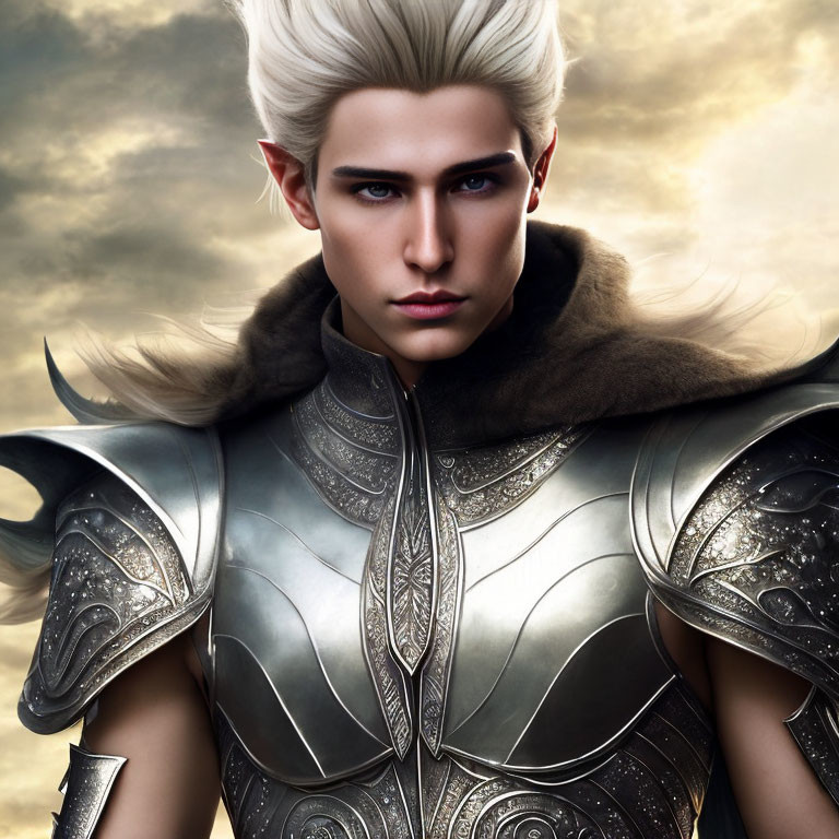 Fantasy character with white hair and silver armor in cloudy sky setting