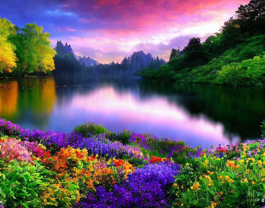 Colorful Sunset Sky Reflecting in Serene Lake Amid Lush Greenery