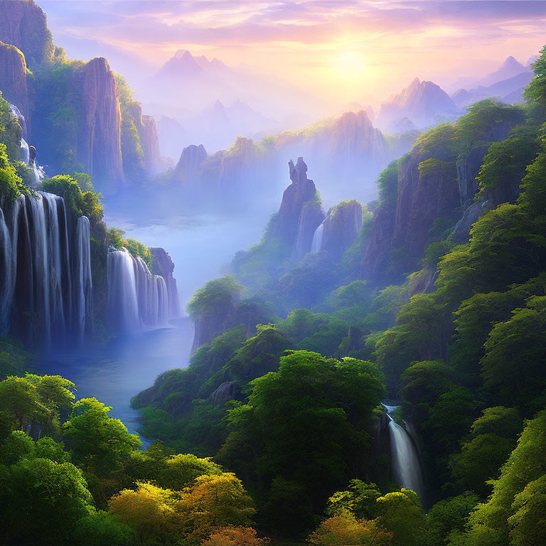 Majestic waterfalls in serene landscape at sunrise