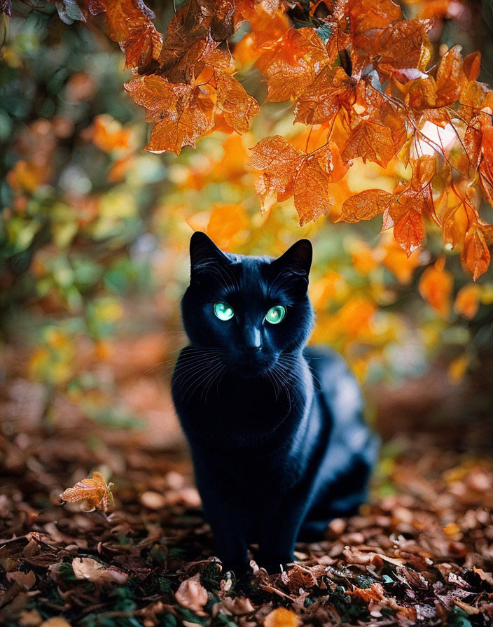 Black Cat Among Fallen Orange Leaves in Autumn Foliage