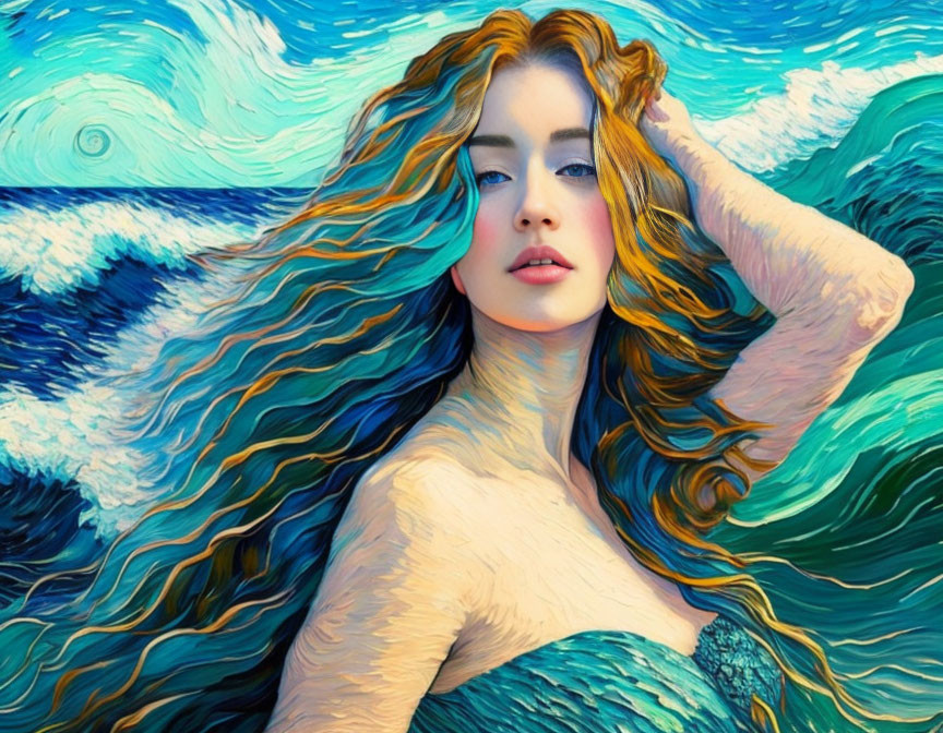 Illustration: Woman with Red Hair Merging with Blue Waves