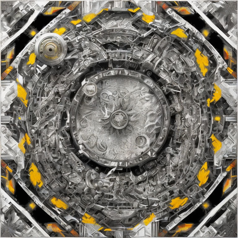 Detailed Abstract Fractal Image: Metallic Machinery Elements, Yellow Flame Accents