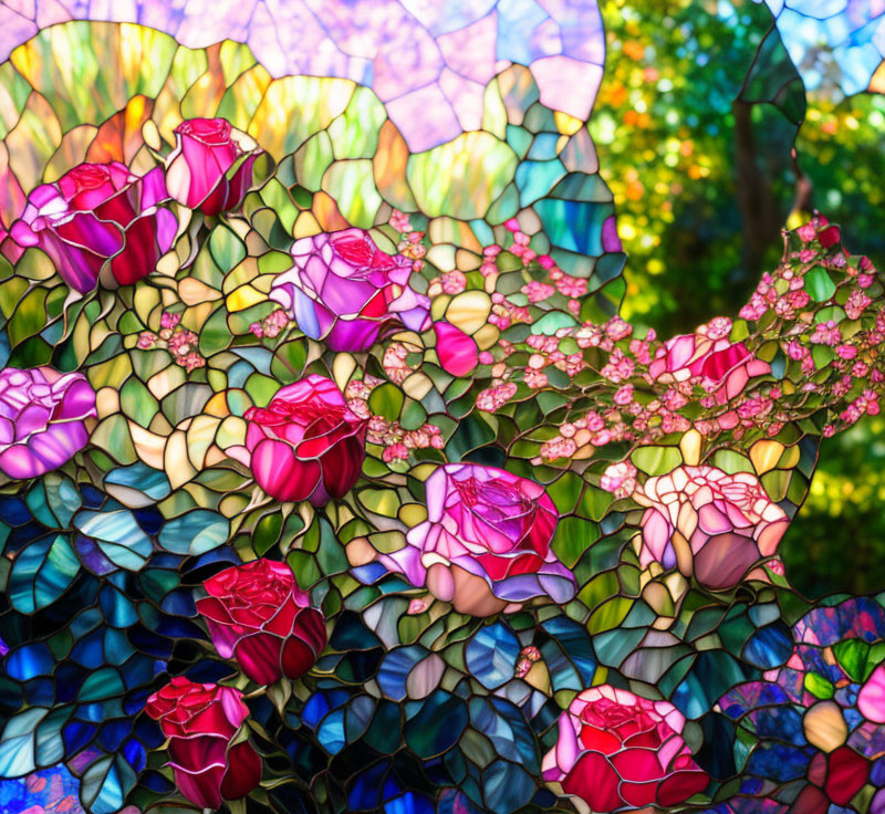 Colorful Stained Glass Artwork: Bouquet of Roses & Iridescent Backdrop