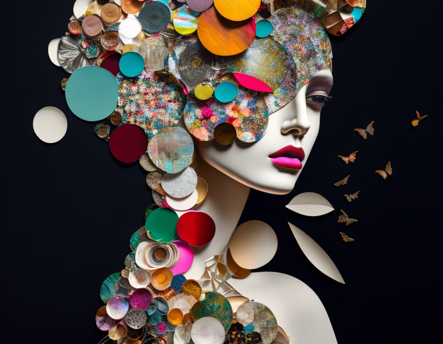 Multicolored surreal portrait with textured shapes and butterflies on black background