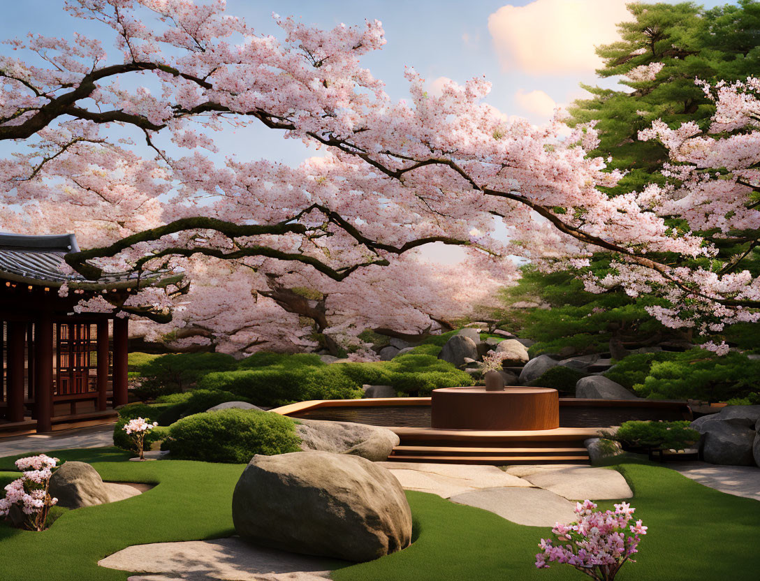 Japanese garden with cherry blossoms, pavilion, grass, stones & water feature