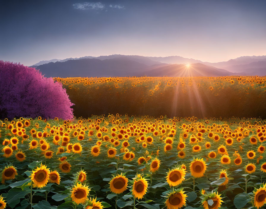 Vibrant sunflower field with purple tree and hazy mountains