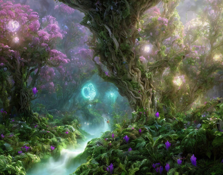 Purple-flowered forest with misty turquoise glow and ethereal light spots