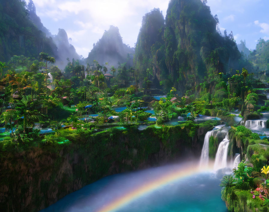 Lush green landscape with waterfalls, misty river, and vibrant rainbow