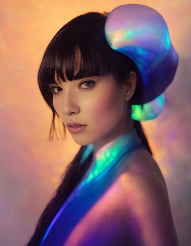 Dark-haired woman in iridescent accessory on warm backdrop