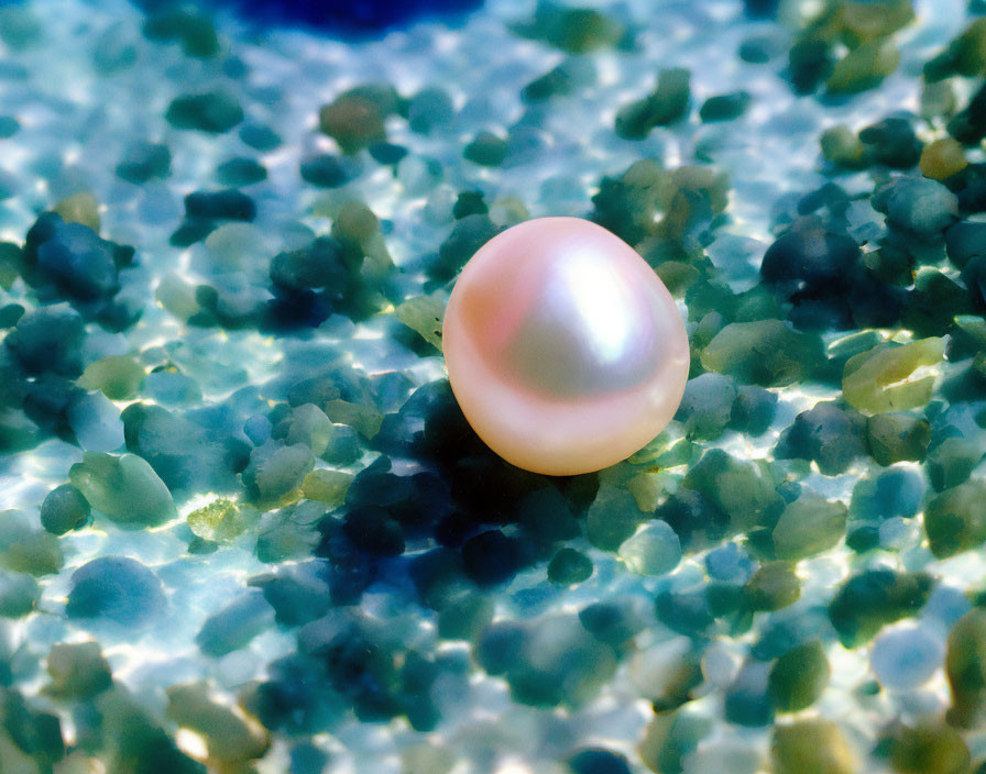 Shimmering pearl on sandy bed under sunlight creates blue-green mosaic