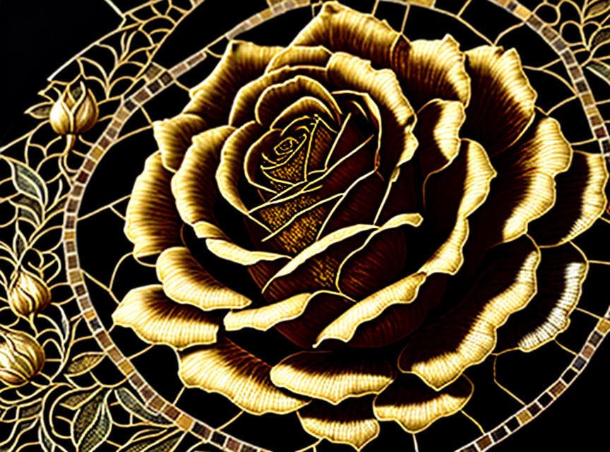 Intricate Golden Rose on Black Background with Lace-like Patterns