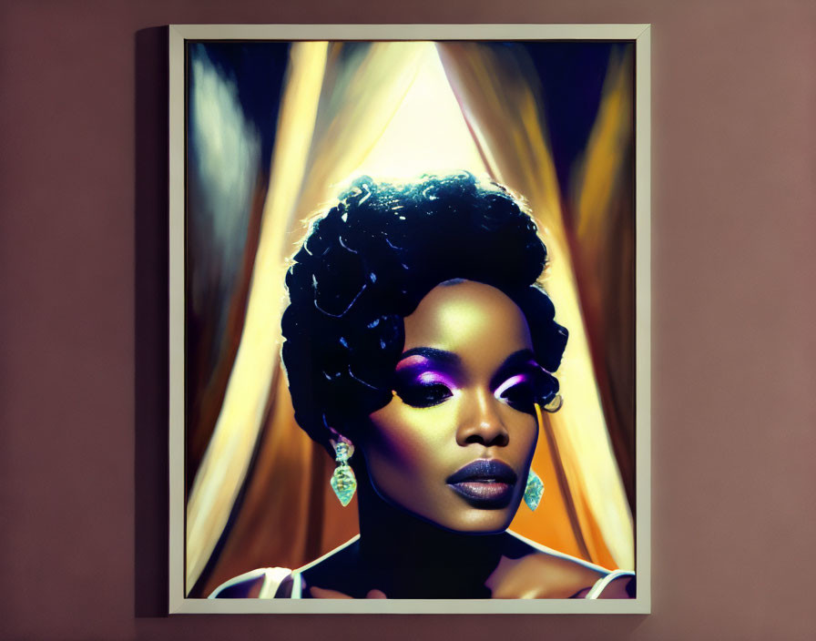 Stylized woman portrait with purple eyeshadow and curly hair