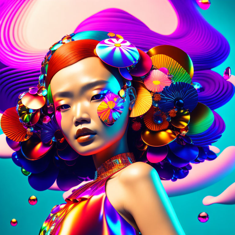 Colorful digital artwork of a woman with abstract shapes and flowers on swirling background