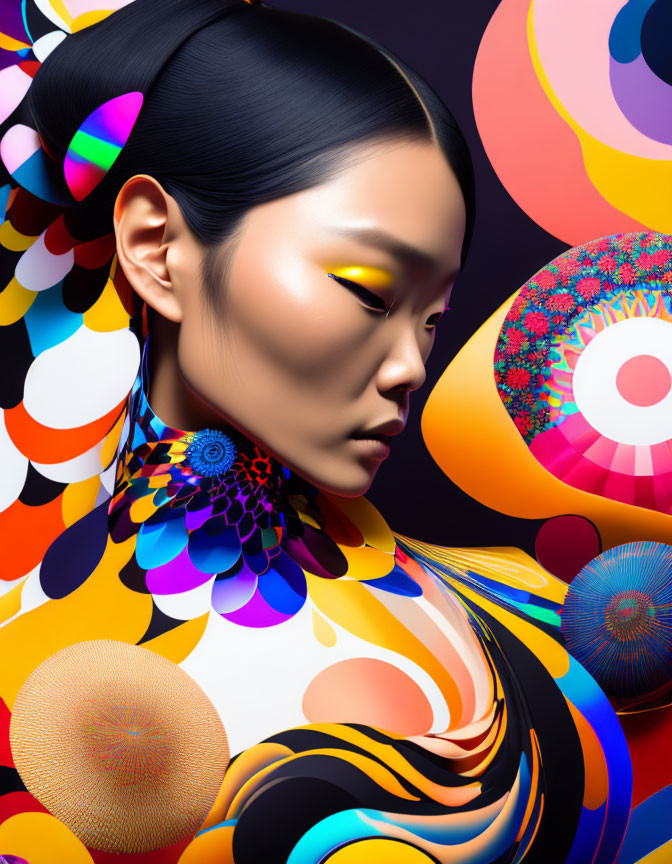 Colorful woman with artistic makeup in front of vibrant psychedelic background