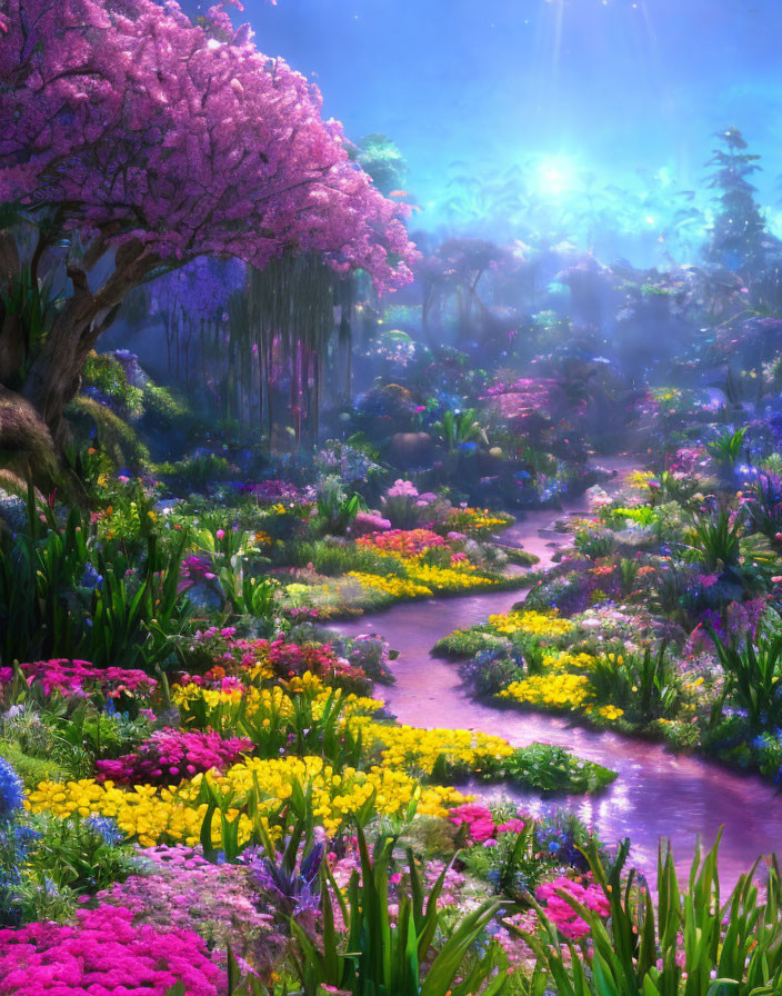 Colorful Flower Garden with Stream & Cherry Blossom Tree