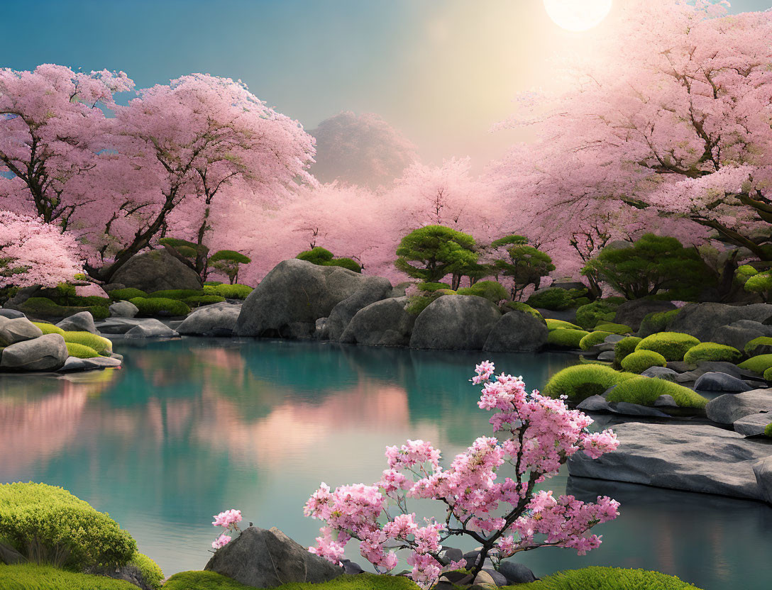 Tranquil cherry blossom scene by serene pond with moss-covered stones