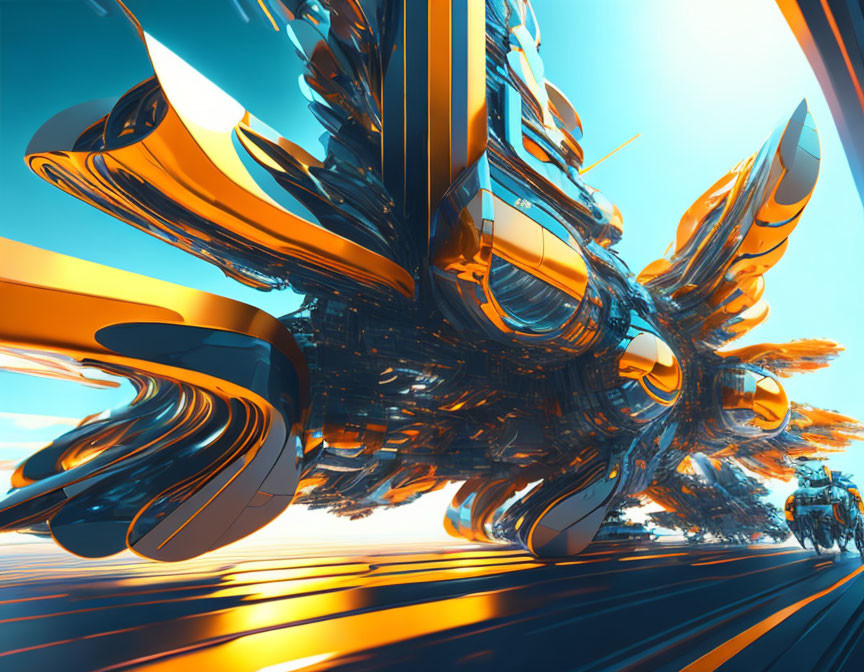 Abstract 3D artwork: Futuristic metallic structures in orange-blue tones