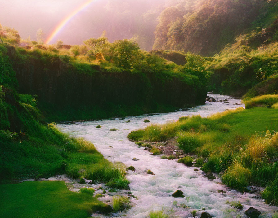 Scenic landscape with river, lush greenery, rainbow, and soft sunlight