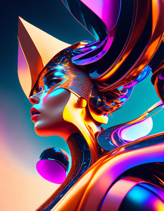 Vibrant digital artwork: Female figure in futuristic golden armor with glowing blue and orange hues