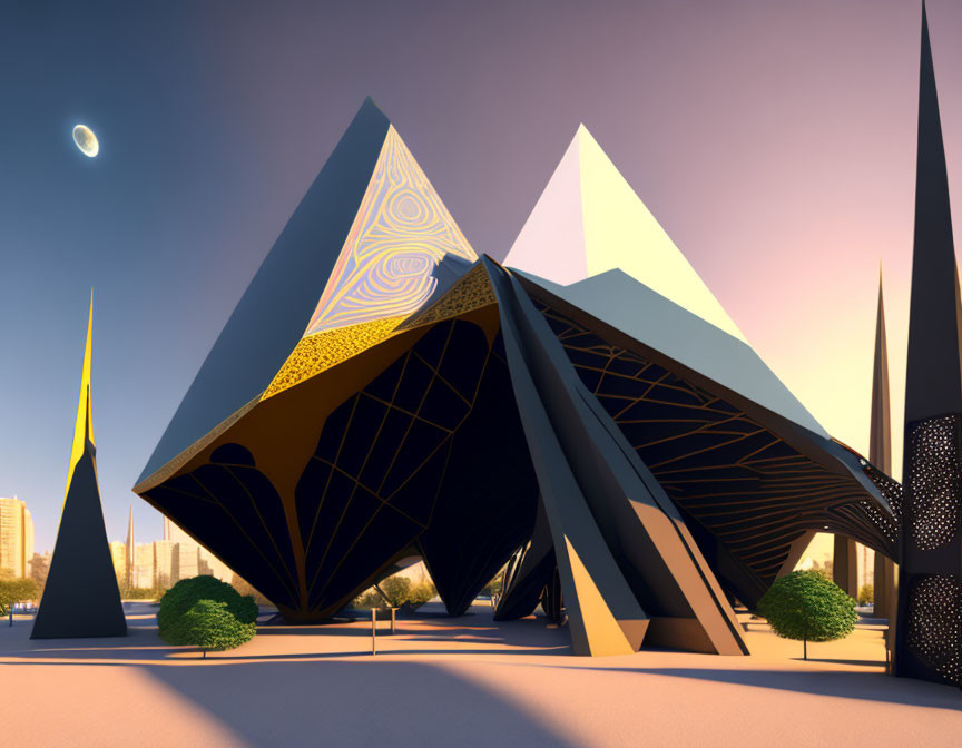 Modern geometric architecture under crescent moon at dusk