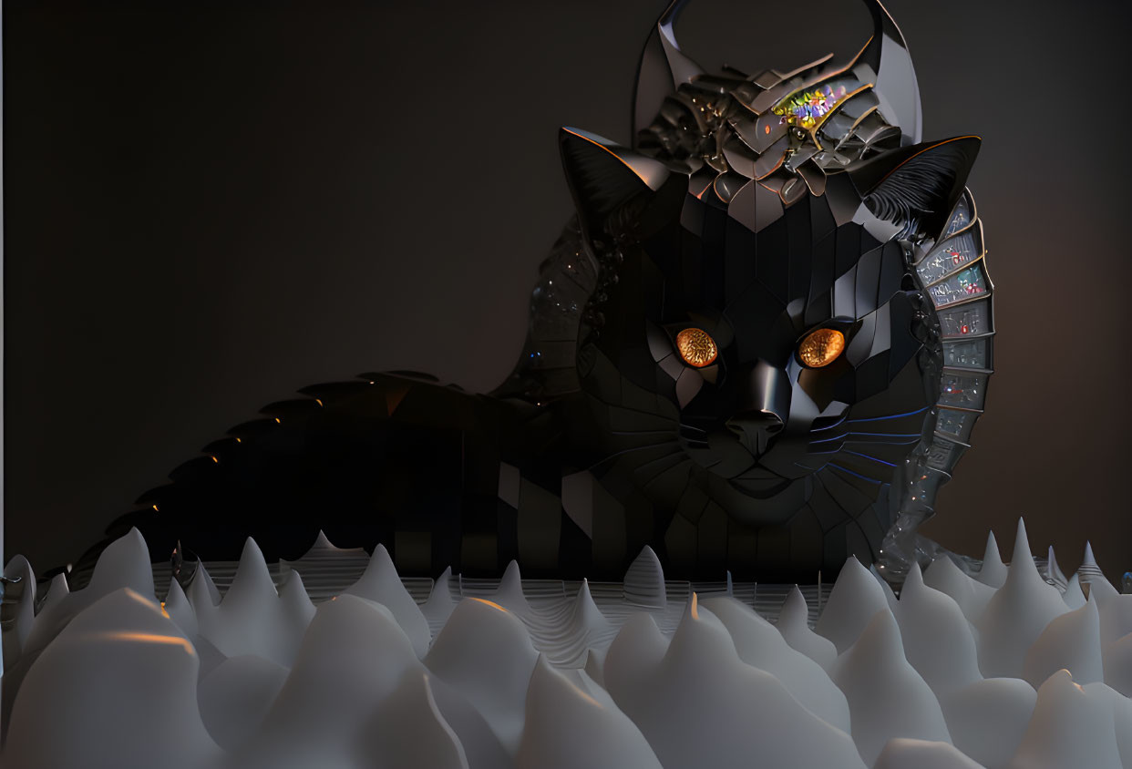 Futuristic stylized cat with geometric armor and glowing eyes on soft background