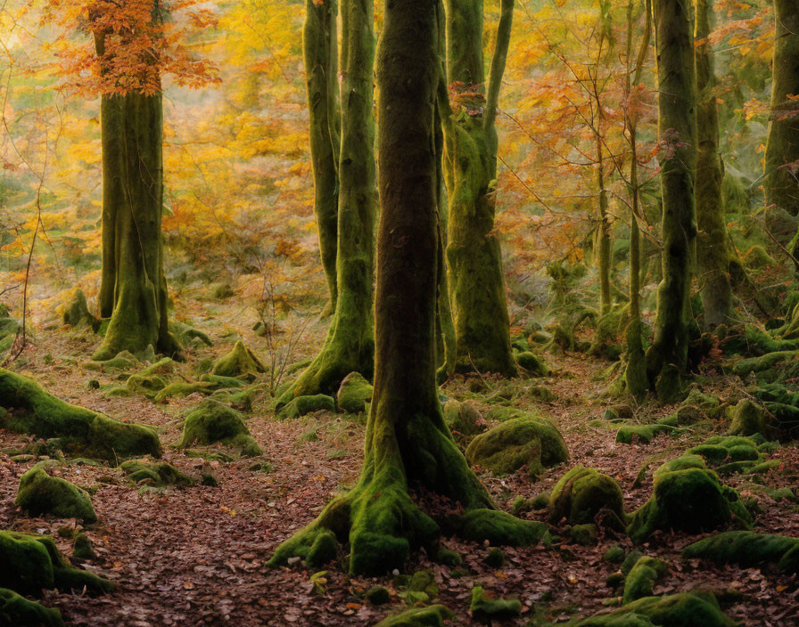 Serene forest scene with moss-covered trees and autumn colors