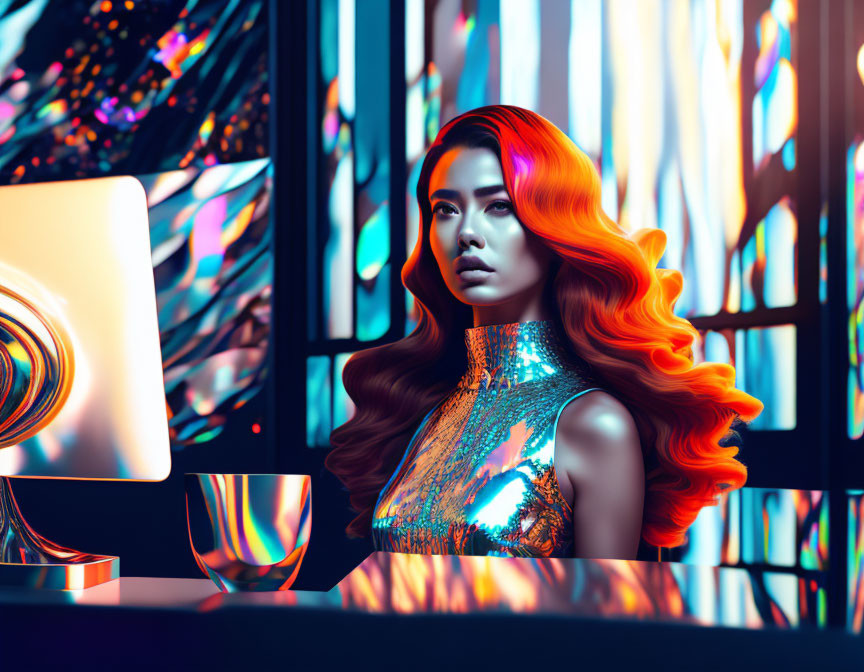 Woman with flowing hair in silver dress by computer in futuristic neon-lit setting