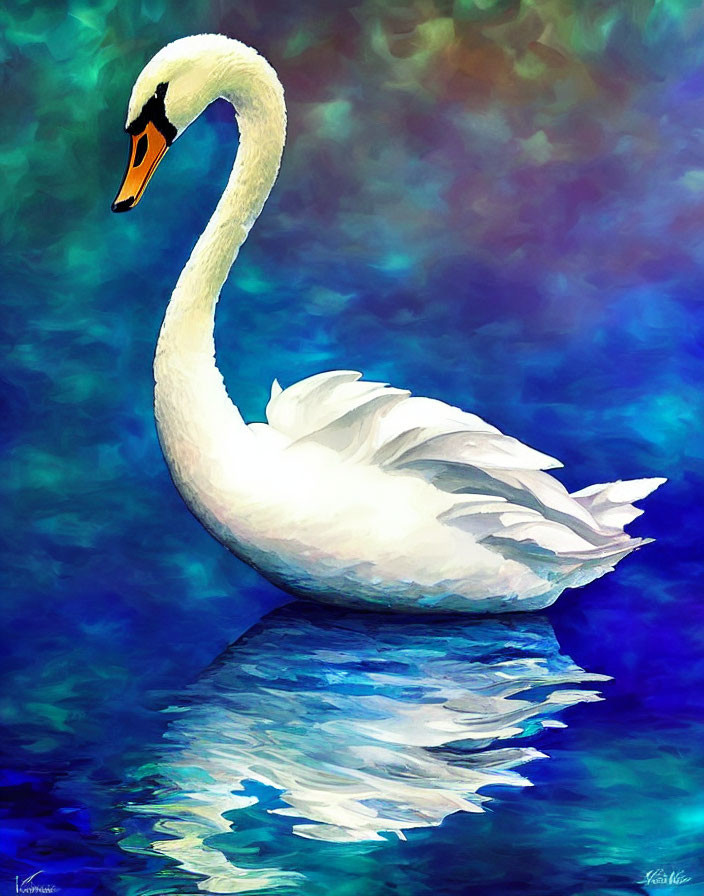 White Swan Swimming on Blue Water with Colorful Impressionistic Background