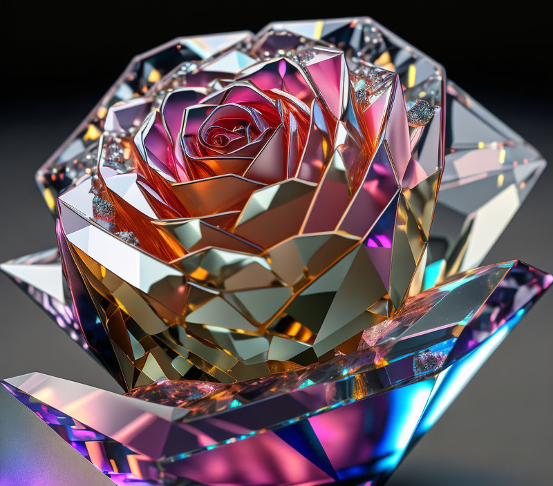 3D-rendered crystalline rose with multicolored petals on reflective surface