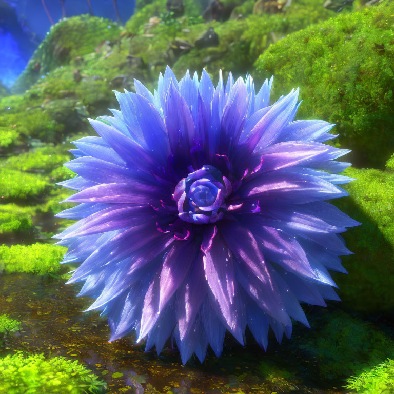 Vibrant Blue Fantasy Flower in Mossy Forest Environment