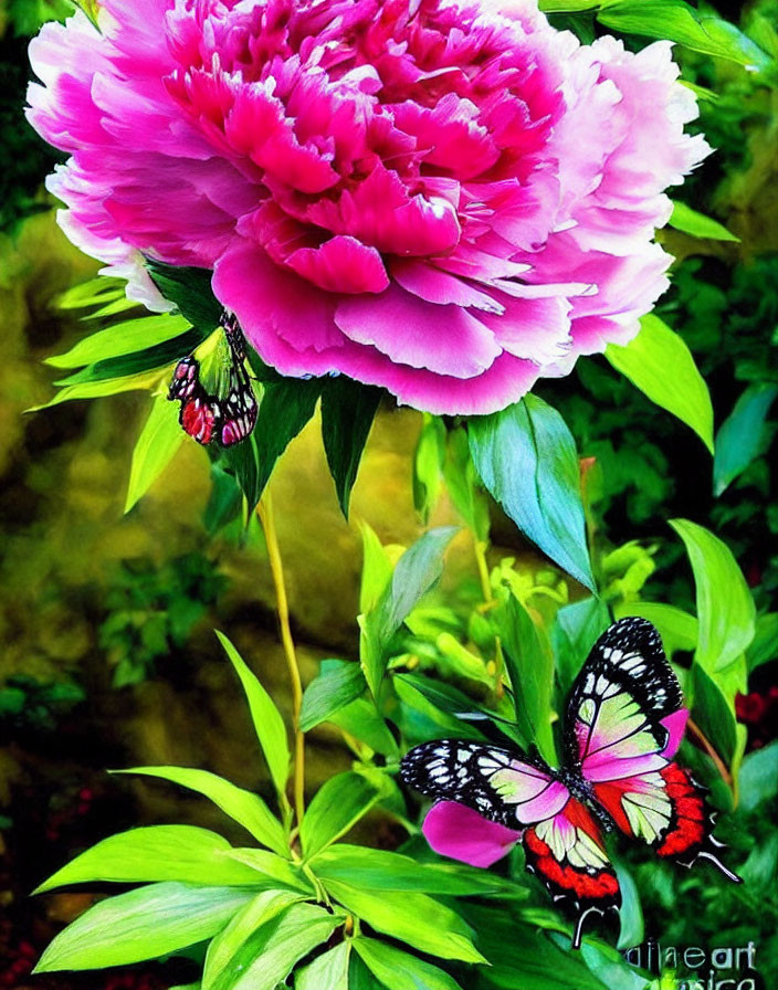 Pink Peony with Butterfly on Green Background