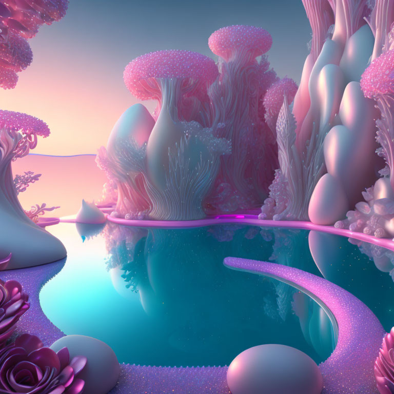 Vibrant surreal landscape with mushroom structures and colorful flora