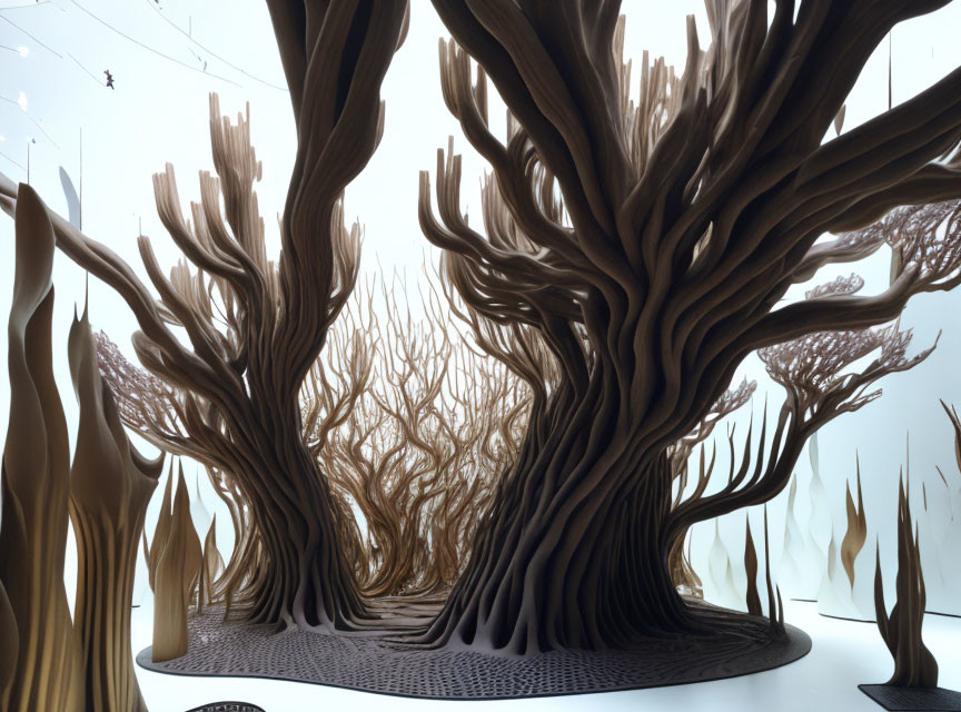 Expansive surreal grove with intertwined bare trees