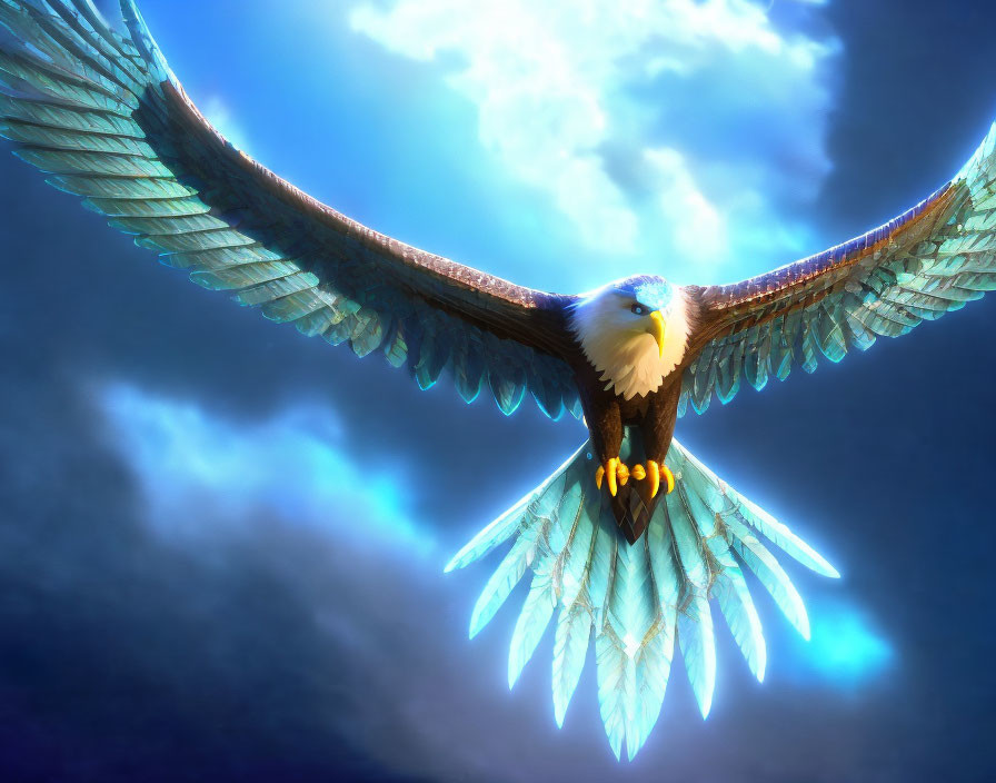 Majestic eagle soaring against sunlit clouds