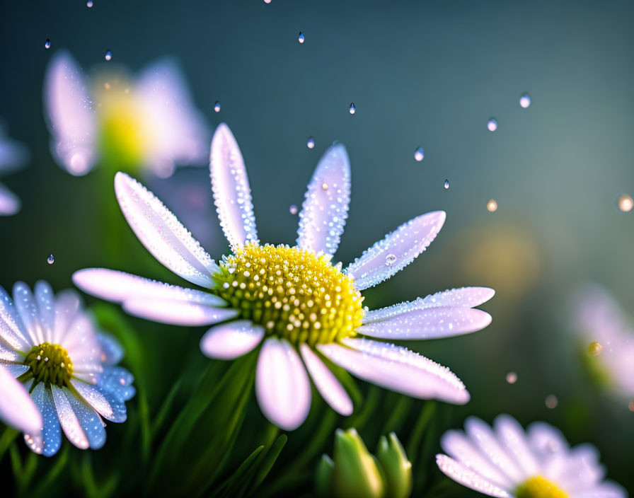 Fresh white daisies with water droplets on petals in a sunny garden.