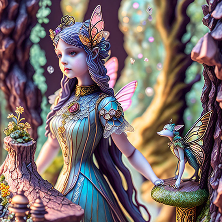 Fantasy illustration of teal-dressed fairy with butterfly wings in enchanted forest.