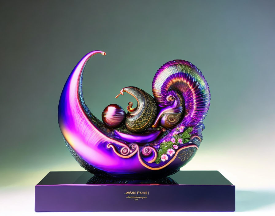 Colorful iridescent sculpture of swirling shells and sea creatures on gradient background