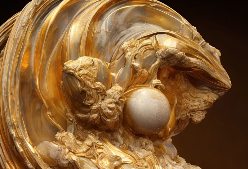 Baroque sculpture with golden curls and spherical element on dark background