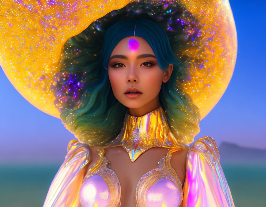 Woman with Blue-Green Hair in Cosmic Halo and Golden Armor at Twilight